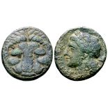 Bruttium, Rhegion Æ20. Circa 351-280 BC. Head of lion facing / Laureate head of Apollo left; PH?IN?N