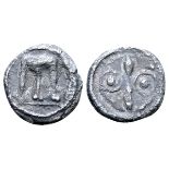 Bruttium, Kroton AR Obol. Circa early 5th Century BC. Tripod / Thunderbolt between two annulets. SNG