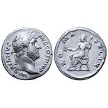 Hadrian AR Denarius. Rome, AD 134-138. HADRIANVS AVG COS III P P, laureate head right / ROMA