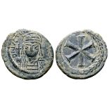 Justinian I Æ Decanummium. Uncertain mint, AD 527-565. D N IVSTIN[IANVS PP AVG], helmeted and