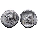 Mysia, Kyzikos AR Obol. Circa 450-400 BC. Forepart of boar to left, tunny fish behind / Head of