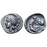 Calabria, Tarentum AR Diobol. Circa 325-280 BC. Head of Athena right wearing wreathed Attic helmet /