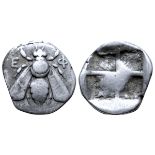 Ionia, Ephesos AR Drachm. Circa 340-325 BC. Bee with straight wings; E-? flanking / Quadripartite