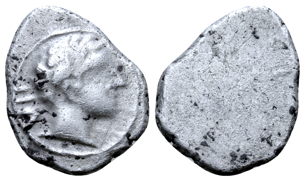 Etruria, Populonia AR 2.5 Asses. 3rd century BC. Young male head right; VII behind / Blank. EC I,