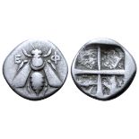 Ionia, Ephesos AR Hemidrachm. Circa 350-325 BC. Bee with straight wings; E-? flanking /