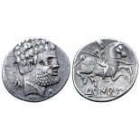 Spain, Turiasu AR Denarius. Circa 100-75 BC. Bearded male head right; Iberian KA behind, Iberian S