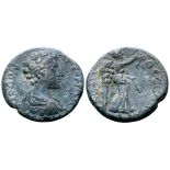 Commodus, as Caesar, Æ25 of Thessalonica, Macedon. AD 166-177. Draped bust right / Nike advancing