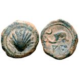 Spain, Arse-Saguntum Æ Quarter Unit. Circa 200-150 BC. Shell / Dolphin right; crescent above,