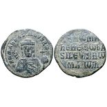 Romanus I Æ Nummus. AD 920-944. +R?MA?' ?ASIL?VS R?M', facing bust of Romanus I, bearded, wearing