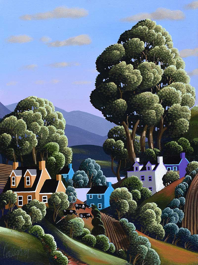 George Callaghan - TALL TREES BY THE PURPLE HOUSE - Oil & Acrylic on Canvas - 13.5 x 10.5 inches -