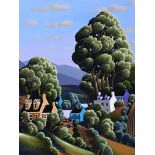 George Callaghan - TALL TREES BY THE PURPLE HOUSE - Oil & Acrylic on Canvas - 13.5 x 10.5 inches -