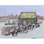 Maurice Canning Wilks, ARHA RUA - THATCHED COTTAGE BY A STONE WALL - Watercolour Drawing - 7 x 9