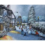 Andy Saunders - FUN IN THE SNOW - Oil on Board - 8 x 10 inches - Signed