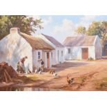 Donal McNaughton - FEEDING CHICKENS - Oil on Board - 20 x 28 inches - Signed