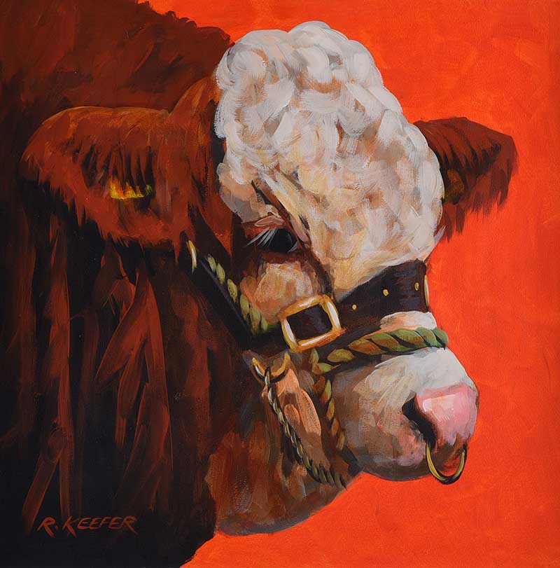 Ronald Keefer - BULL ON RED - Oil on Board - 20 x 20 inches - Signed