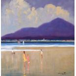 William Cunningham - ON THE BEACH AT TYRELLA - Oil on Board - 17 x 17 inches - Signed