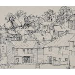 Kenneth Hall - HOUSES ON THE HILL - Pen & Ink Drawing - 8 x 9 inches - Signed