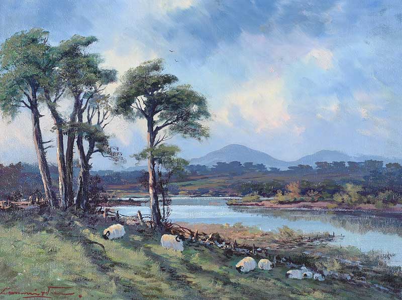 William Cunningham - THE MOURNES FROM THE QUOILE RIVER - Oil on Canvas - 12 x 16 inches - Signed