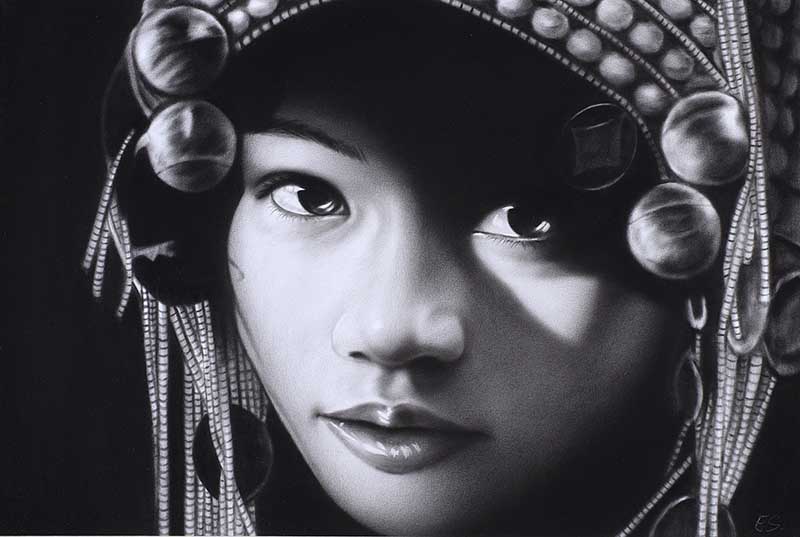 Eastern School - CHINESE GIRL- Charcoal on Paper - 15 x 22 inches - Signed in Monogram