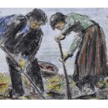 William Conor, RHA RUA - DIGGING POTATOES - Coloured Print - 6.5 x 8 inches - Unsigned