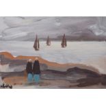 Markey Robinson - WATCHING THE BOATS - Gouache on Board - 8 x 11 inches - Signed