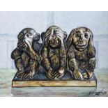 Andy Saunders - THREE WISE MONKEYS - Oil on Board - 8 x 10 inches - Signed