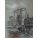 French School - FIGURE BY A CASTLE - Pencil on Paper - 13 x 10 inches - Signed