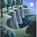 George Callaghan - TREES & CLIFFS - Acrylic & Oil on Canvas - 15.5 x 15.5 inches - Signed