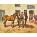 Donal McNaughton - THE HORSE DEALER BY THE LARMONA INN - Oil on Board - 16 x 20 inches - Signed