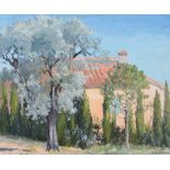 Phoebe Donovan, RUA - TREES BY THE FARM BUILDINGS, FRANCE - Oil on Board - 13 x 16 inches - Signed