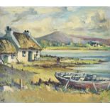 Kenneth Webb, RUA - THATCHED COTTAGE BY THE LOUGH - Oil on Board - 14 x 16 inches - Signed