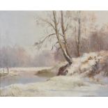 Maurice Canning Wilks, ARHA RUA - WINTER SCENE, RIVER LAGAN AT THE MINNOWBURN - Oil on Canvas - 16 x