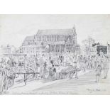 Raymond Piper, RUA - SATURDAY MORNING MARKET IN FRONT OF ST ANNES CATHEDRAL, BELFAST - Pencil on