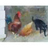 Tom Carr, HRHA RUA RWS - BLACK CAT & HENS - Oil on Board - 12 x 16 inches - Signed