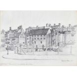 Raymond Piper, RUA - OLD BUILDINGS IN ROSEMARY STREET SHOWING WHITES WINE CELLARS - Pencil on