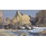 Dorothy Blackham, RUA - ROCKS AT PRAIA DE ROCHA, PORTUGAL - Oil on Board - 3 x 6 inches - Signed