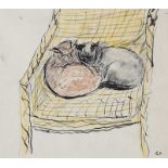 Gerard Dillon - TWO CATS SLEEPING ON A CHAIR - Pen & Ink Drawing with Watercolour Wash - 7 x 8