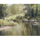 Maurice Canning Wilks, ARHA RUA - REFLECTIONS, DUN RIVER, CUSHENDUN - Oil on Canvas - 16 x 20 inches