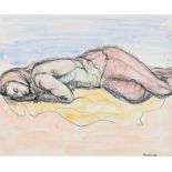 Basil Rakoczi - ASLEEP ON THE BEACH - Pen & Ink Drawing with Watercolour Wash - 7.5 x 9 inches -