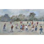 Tom Kerr - FOOTBALL ON SCHOOL HOLIDAYS - Acrylic on Board - 4.5 x 8 inches - Signed