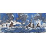 Markey Robinson - FISHING BOATS AT SEA - Mixed Media - 5 x 10.5 inches - Signed