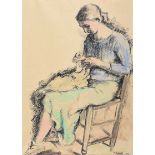 Mainie Jellett - WOMAN KNITTING - Pen & Ink Drawing with Watercolour Wash - 17 x 12 inches - Signed
