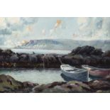 Charles McAuley - BOATS BY THE ROCKS ON THE ANTRIM COAST - Oil on Board - 15 x 21 inches - Signed