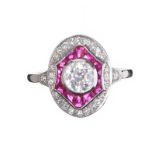 18CT WHITE GOLD RUBY AND DIAMOND RING IN THE STYLE OF ART DECO