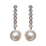 18CT WHITE GOLD PEARL AND DIAMOND DROP EARRINGS