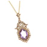 EDWARDIAN AMETHYST AND SEED PEARL PENDANT ON A MODERN 9CT GOLD CHAIN