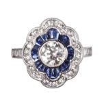 18CT WHITE GOLD SAPPHIRE AND DIAMOND CLUSTER RING IN THE STYLE OF ART DECO