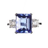 18CT WHITE GOLD TANZANITE AND DIAMOND THREE STONE RING