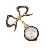 18CT GOLD ENAMELLED BOW BROOCH WITH FOB WATCH