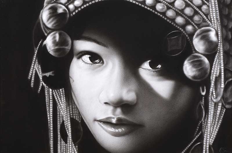 Eastern School - CHINESE GIRL - Charcoal on Paper - 15 x 22 inches - Signed in Monogram